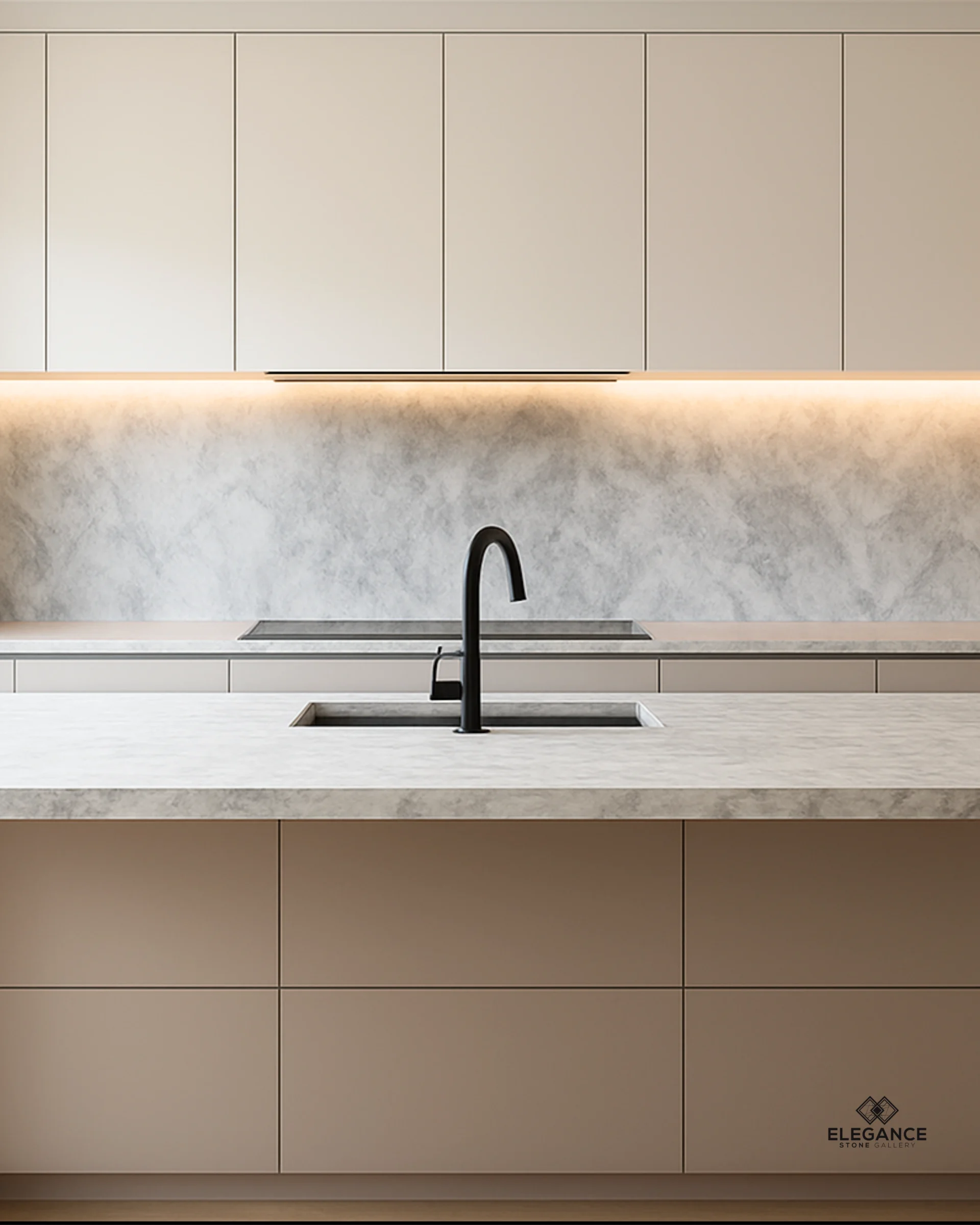 Grey Ocean marble kitchen benchtop with flowing grey movement in an Australian kitchen