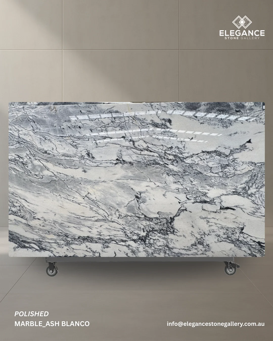 Ash Blanco polished marble slab used for kitchen benchtops in Melbourne Australia