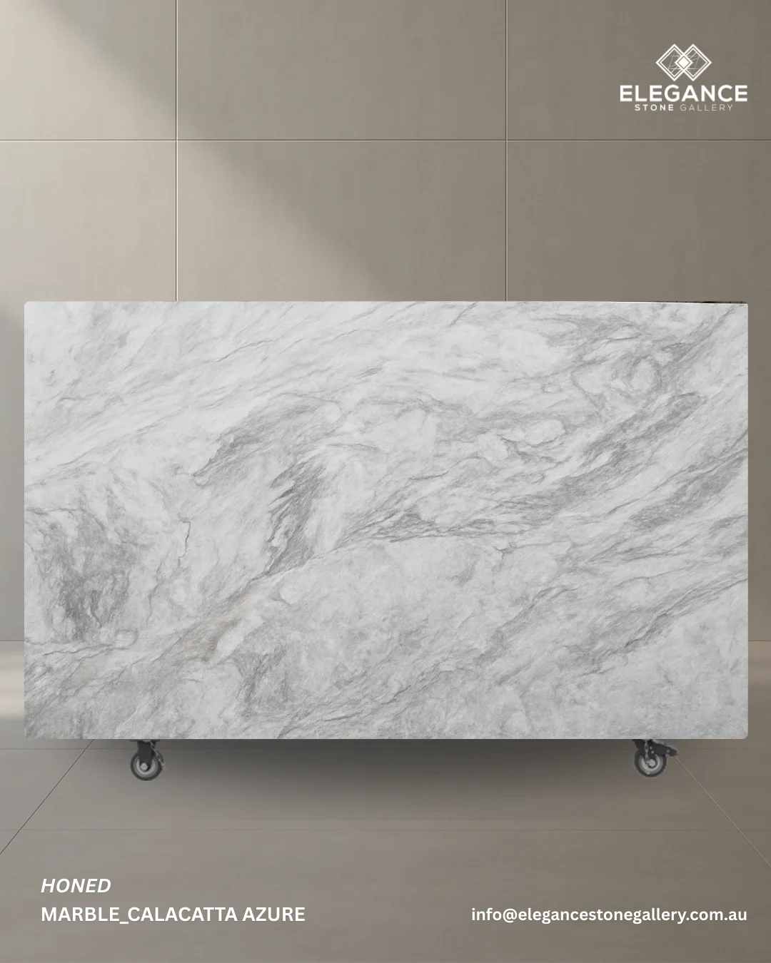 Calacatta Azure marble slab used for feature kitchen benchtops and bathroom renovations in Australia