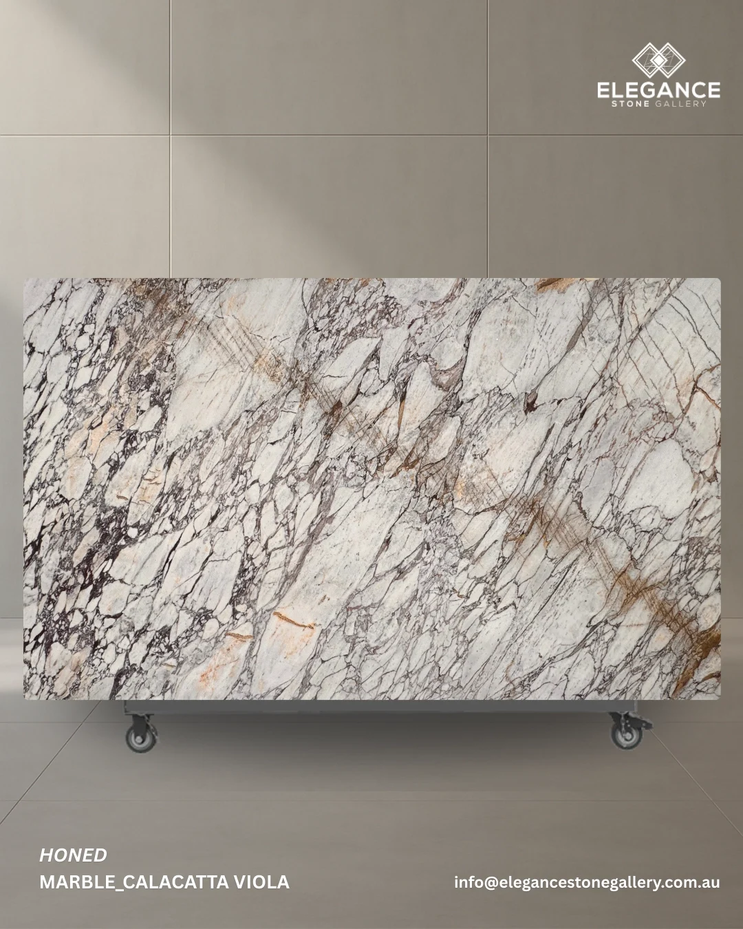 Calacatta Viola marble slab used for statement kitchen benchtops in Australia