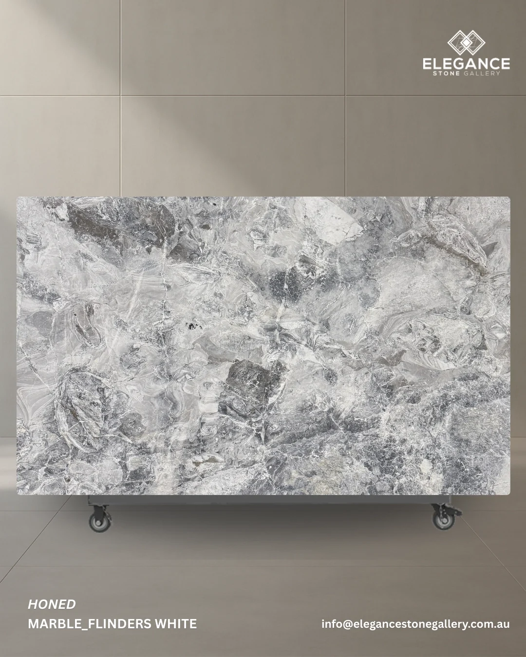 Flinders White marble slab used for kitchen benchtops and bathroom renovations in Australia