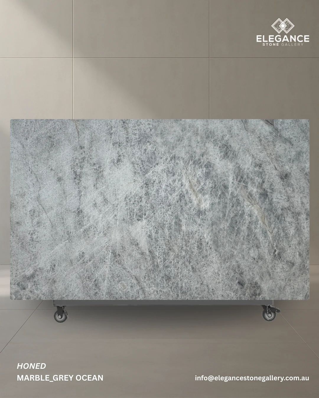 Grey Ocean marble slab used for feature kitchen benchtops and bathroom renovations in Australia
