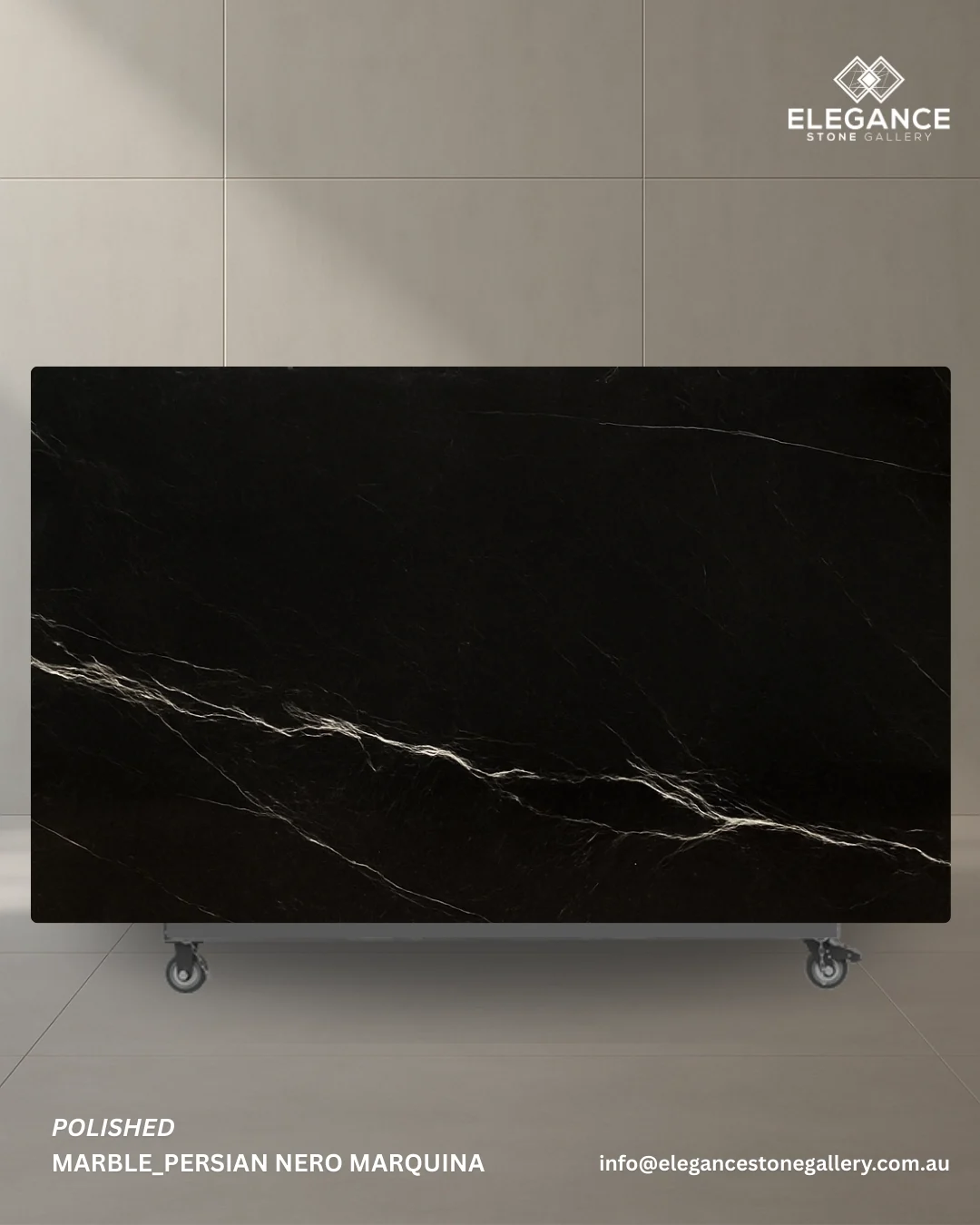 Persian Nero Marquina marble slab used for bold kitchen benchtops in Australia