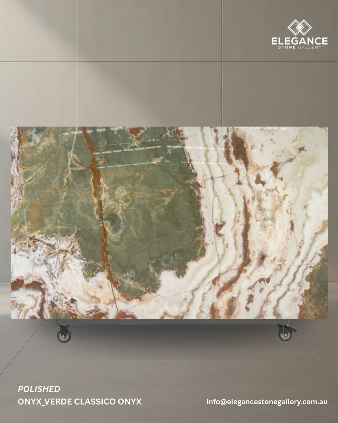 Verde Classico onyx slab used for feature applications and decorative interiors in Australia