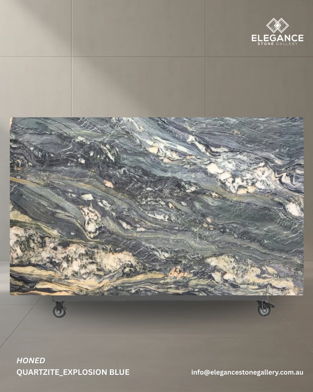 Explosion Blue quartzite slab used for statement kitchen benchtops in Australia